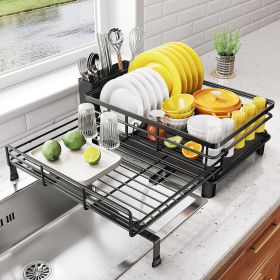 Dish Drying Rack - Extendable Dish Rack, Large Sink Drying Dish Drainer for Kitchen Counter, Stainless Steel Dish Strainer with Utensil Holder (Black)